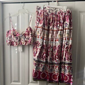 NWT Caroline Constas Linen 2 Piece Tropical Bralette Top and Skirt Set, Large